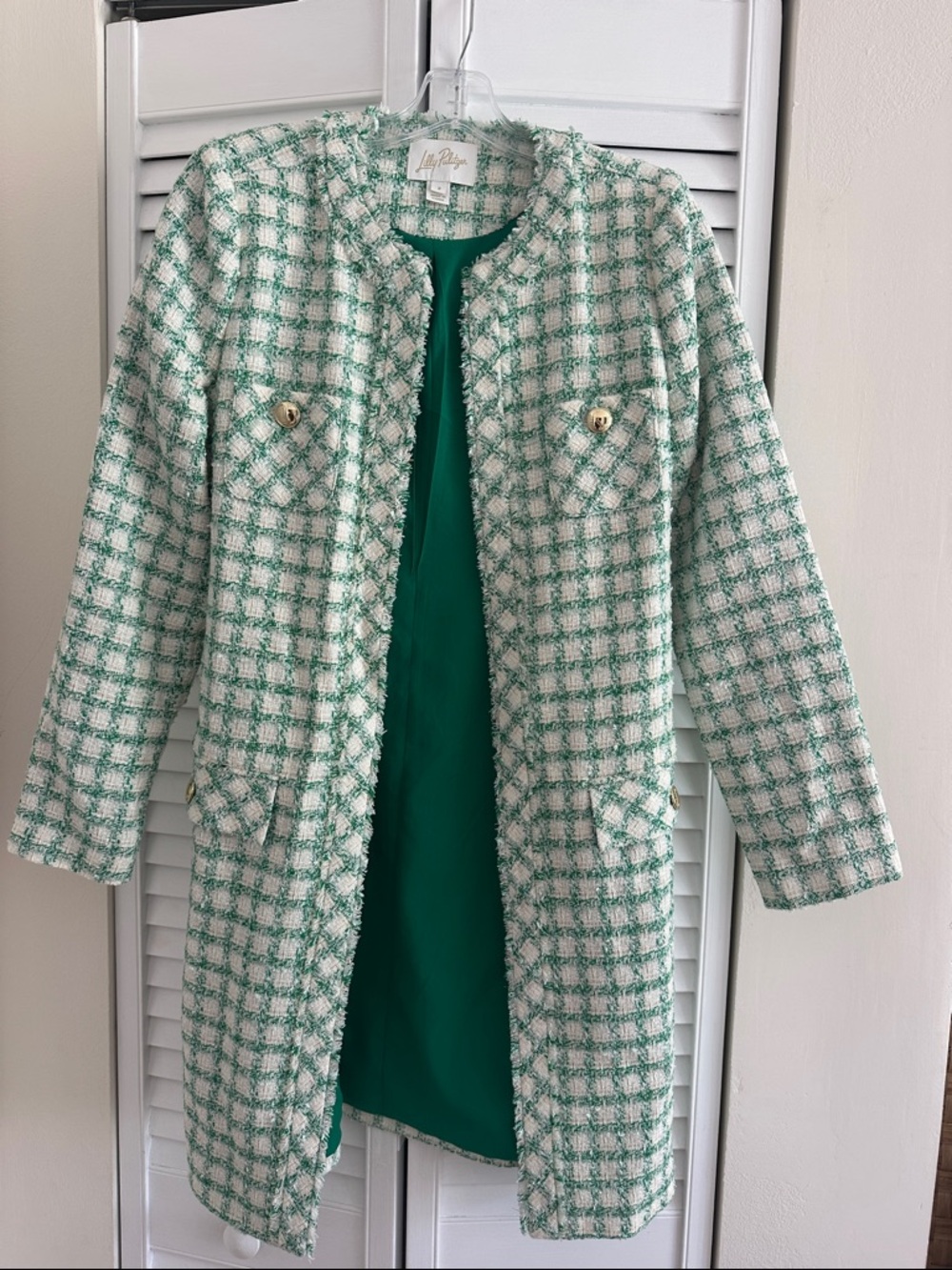 Lily Pulitzer whiye & Green Tweed Long Coat with Gold Buttons